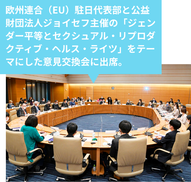 欧州連合(EU)駐日代表部と公益財団法人ジョイセフ主催の「ジェンダー平等とセクシュアル・リプロダクティブ・ヘルス・ライツ」をテーマにした意見交換会に出席。